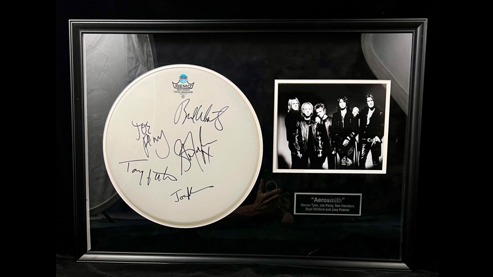 Aerosmith Autographed Drum Head with Certificate of Authenticity Professionally Framed